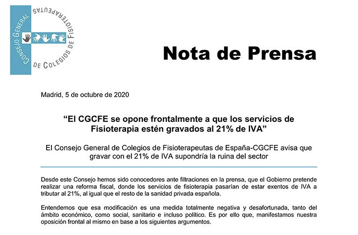 El ICOFCV nos sumamos: el CGCFE se opone frontalmente a que los servicios de Fisioterapia estén gravados al 21% de IVA 