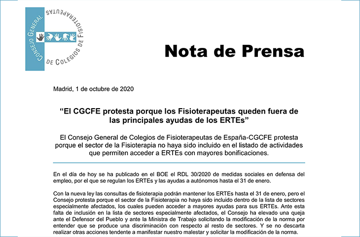 El CGCFE protesta porque los fisioterapeutas queden fuera de las principales ayudas de los ERTE