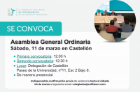 Convocada Asamblea General Ordinaria el próximo 11 de marzo en Castellón 